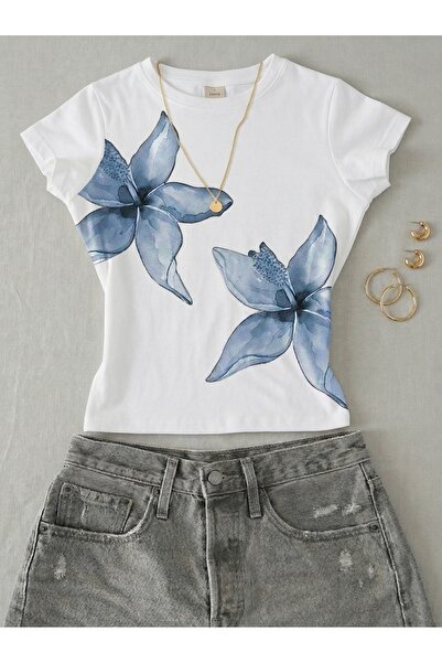 NİCE Women's Floral Printed - Lycra Short Sleeve Body Tee Crop