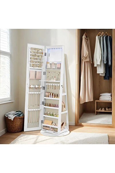 SONGMICS Ντουλάπι κοσμημάτων με ολόσωμο καθρέφτη, 360 °   Περιστρεφόμενο, Φωτ...