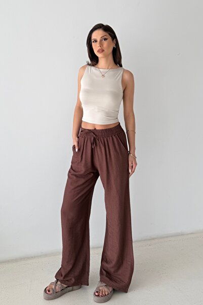 BEJNA Γυναικείο καφέ παντελόνι με φαρδιά μπατζάκια και υφαντό ύφασμα
