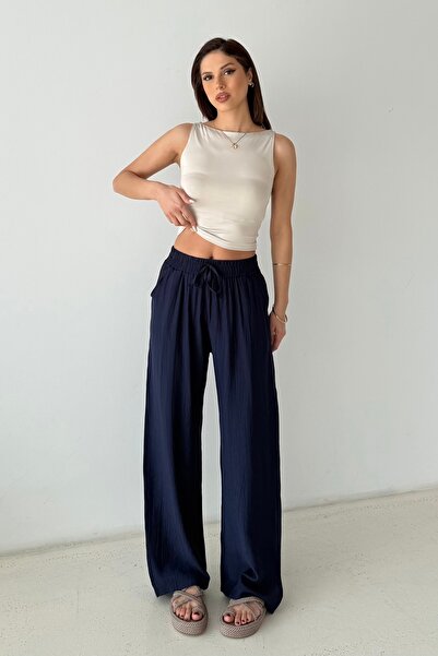 BEJNA Γυναικείο παντελόνι σε μπλε ναυτικό χρώμα με φαρδιά μπατζάκια και υφαντ...