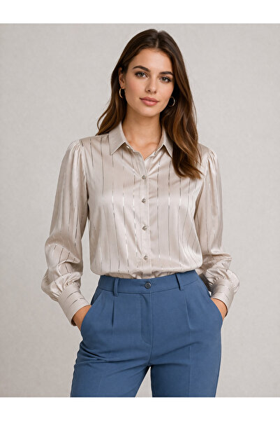 Malkan Γυναικείο πουκάμισο με ανοιχτόχρωμη κρεμ γραμμή, με σχέδιο, ελαφριά ντ...