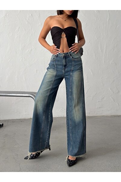 ADAMODA.RO Τζιν με φαρδιά μπατζάκια και ακατέργαστο τελείωμα