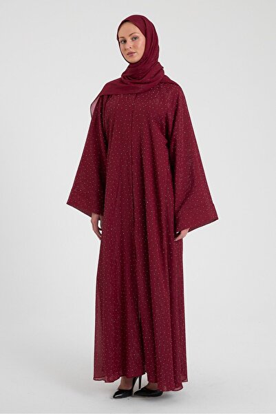 Şakika Bordo Shine Taşlı Abaya Ferace & Şal - Standart Beden & Farklı Boy