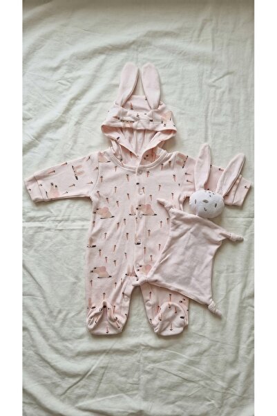 Sabi Rabbit Ear Hooded Baby Romper and Sleeping Toy Set with Booties