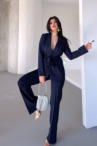 Generic Brand Tie-Waist Belted Shawl Collar Blazer Jacket Flared Leg Stretchy Pants Suit