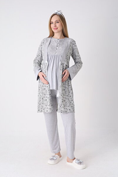 ERDENİZ TEKSTİL Lohusa Pijama Sabahlık 3'lü Takım Dal Desenli Dantel Göğüslü ...