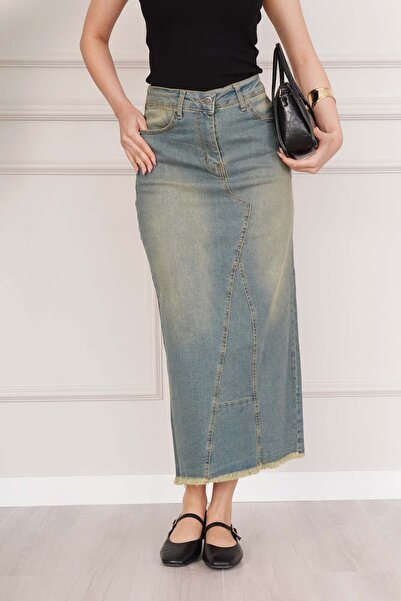 Hipo Trend Αντικέ τζιν φούστα με σκίσιμο και λεπτομέρειες σε μήκος midi