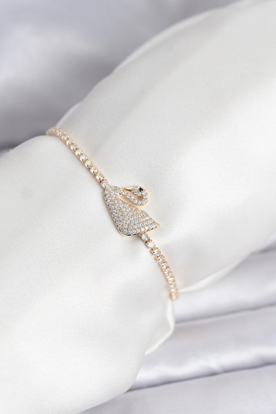 Nehir Stylish Swan Model Zircon Stone Gold Color Elevator Waterway Bracelet T...