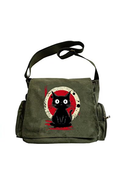 Toum Vintage Sweet Cute Cat Printed Unisex Khaki Messenger Bag