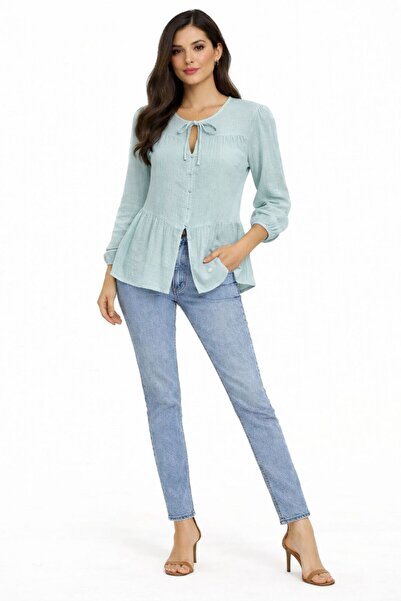 LE CARAMBOLE Γυναικείο Τυρκουάζ Πουκάμισο Μουσελίνας με Δέσιμο στο Λαιμό και ...