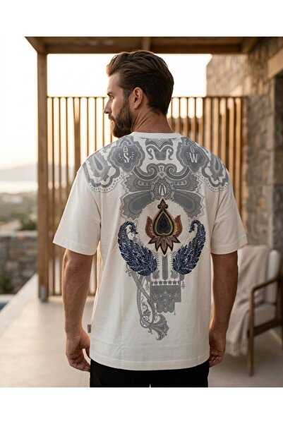 CANMODA Unisex λευκό μπλουζάκι με έθνικ σχέδιο σάλιου και ειδική στάμπα στην ...