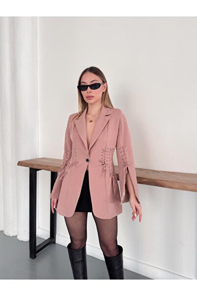 diaves Pembe Bağcık Detaylı Kruvaze Kesim Dokuma Kumaş Blazer Ceket