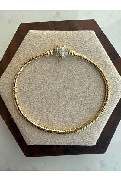 Özel Seri Taşlı Kalp Zincir Bileklik Gold 19cm