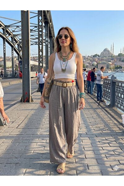 AYASOFYA OTANTIK Γυναικείο ιταλικό παντελόνι από 100% λινό, με ελαστική μέση,...