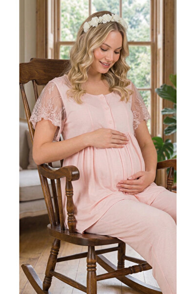 Lohusa Homewear New Season Pink Maternity Summer Lace Sleeve Special Design B...
