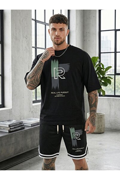 NİCE Ανδρικό σετ μπλουζάκι και σορτς με στάμπα Real Life – Oversize καλοκαιρι...