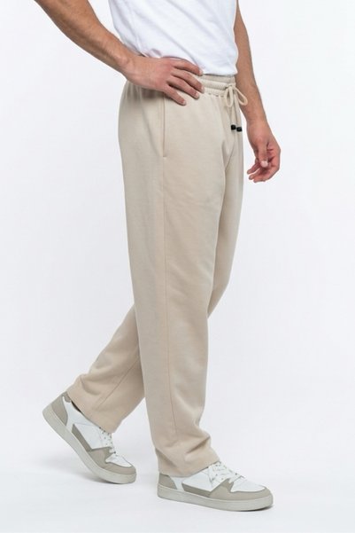 EydaMoon Men's Beige Baggy Cut Elastic Waist Wide Leg Pique Fabric Comfortable Fit Trousers