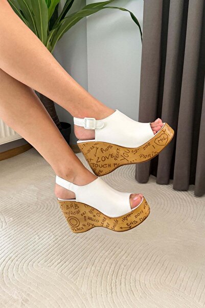 Preshley Women's Pure White 10 cm Padded Written Cork Sole Shoes