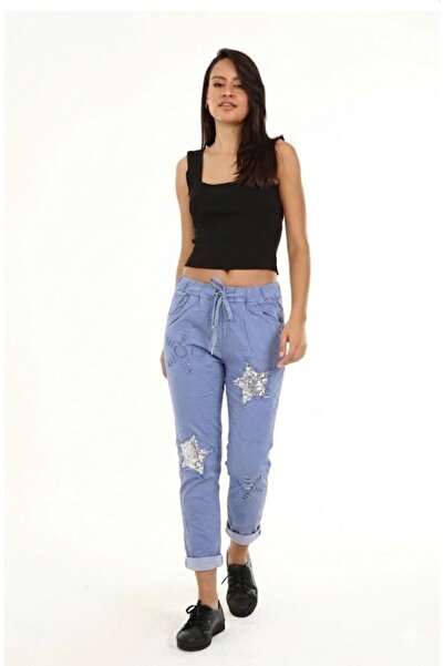 AYASOFYA OTANTIK Γυναικείο ιταλικό παντελόνι με μπλε παγιέτες Indigo, με σχέδ...