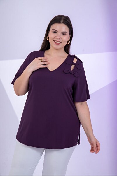 Roxxlen Γυναικεία μπλούζα μεγάλου μεγέθους με λεπτομέρεια φιόγκου