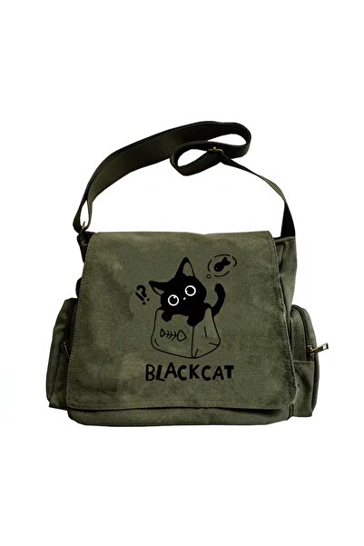 Toum Vintage Sweet Cute Cat Printed Unisex Khaki Messenger Bag