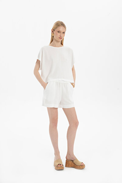 İpekçi Otantik Linen Blend Women's Shorts with Stitching Detail