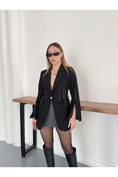 diaves Siyah Bağcık Detaylı Kruvaze Kesim Dokuma Kumaş Blazer Ceket