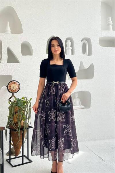 Dipmoda Γυναικείο μίντι φόρεμα με μαύρη ζώνη και λεπτομέρεια από τούλι DPMY3931