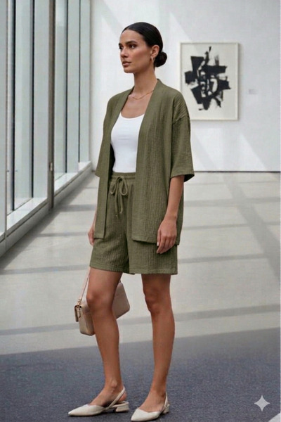 NO 601 Γυναικείο Χακί Πράσινο Σετ Κιμονό με Ανάγλυφη Υφή και Ελαστική Μέση, Κ...