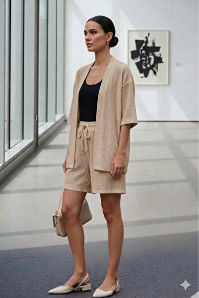 NO 601 Γυναικείο μπεζ κιμονό με υφή και ελαστική μέση, καλοκαιρινό σετ δύο τε...