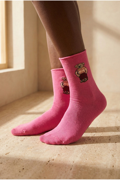 Katia&Bony Γυναικείες κάλτσες με σχέδιο Teddy, χωρίς λάστιχο, ροζ