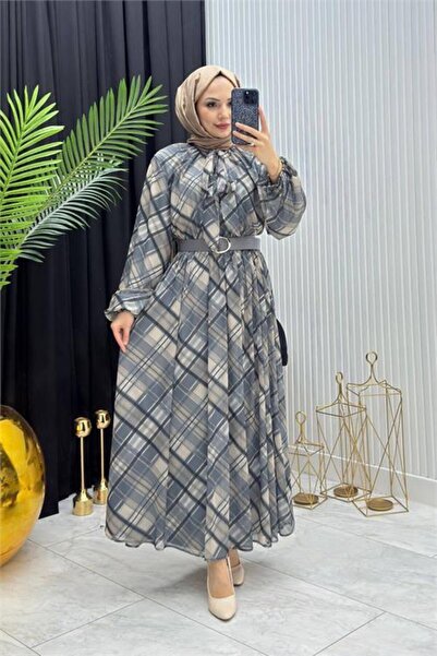 Dipmoda Women's Blue Plaid Pattern Collar Tie Detailed Tulle Fabric Hijab Dre...