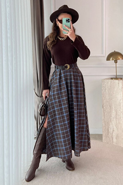 Butik Modana Yırtmaçlı Ekoseli Etek