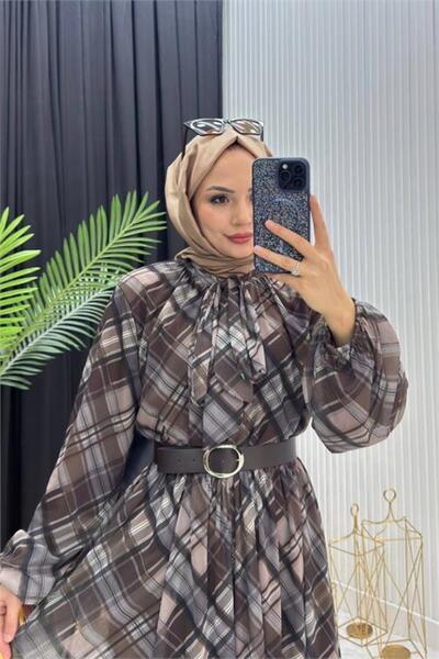 Dipmoda Γυναικείο καφέ καρό φόρεμα με κορδόνια και λεπτομέρειες από ύφασμα το...