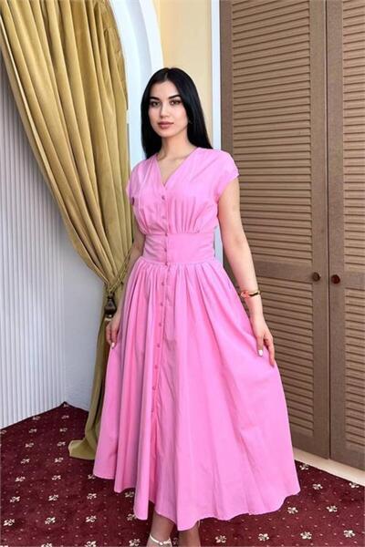 Dipmoda Kadın pembe feminen kesim bel detaylı düğmeli midi boy elbise DPMY3924