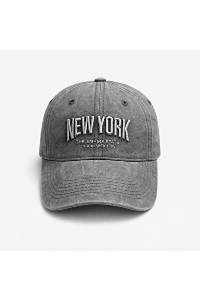 ZERAMİNE Κεντημένο vintage γκρι καπέλο Νέας Υόρκης, Unisex, με εφέ πλυσίματος...