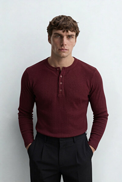 ATE STUDIOS Henley Collar Buttoned Slim Fit Long Sleeve Men's T-Shirt