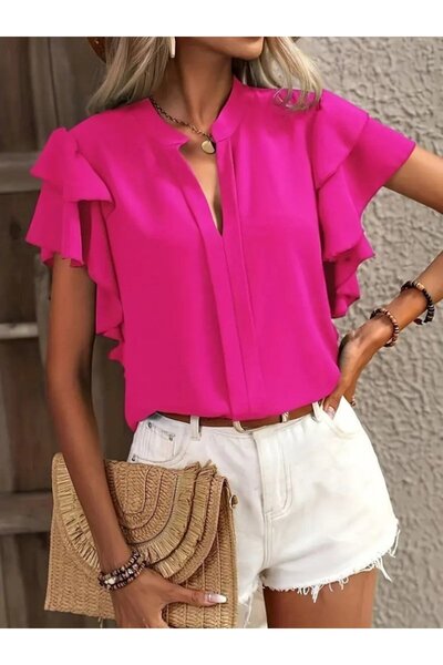 JANES Γυναικεία κοντομάνικη μπλούζα με V λαιμόκοψη και βολάν στα μανίκια, στυ...