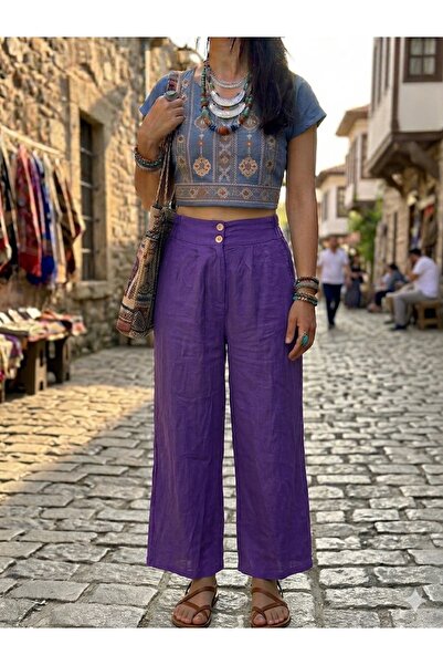 AYASOFYA OTANTIK Γυναικείο ιταλικό μωβ παντελόνι από 100% λινό με ελαστική μέ...