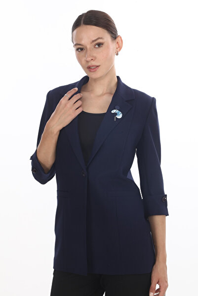 WHİTE DİAMOND Women's Navy Blue 3/4 Sleeve Brooch Detailed Stylish Event Blaz...