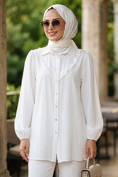 N.S NEVA STYLE Buttoned White Hijab Tunic 10693B