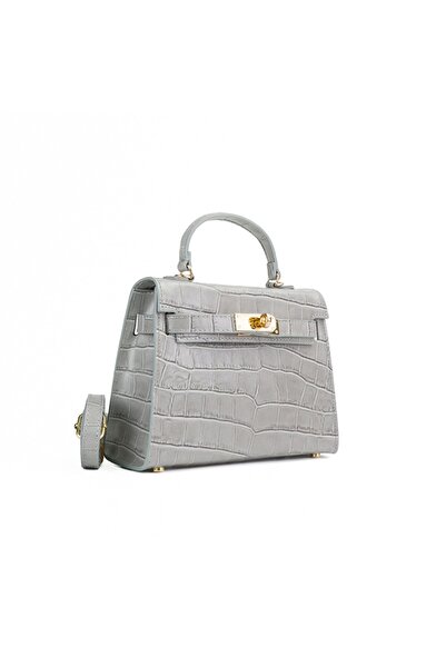Posete Fagaras Thea Croco Leather Purse - Grey, Casual Bag Made of Genuine Le...