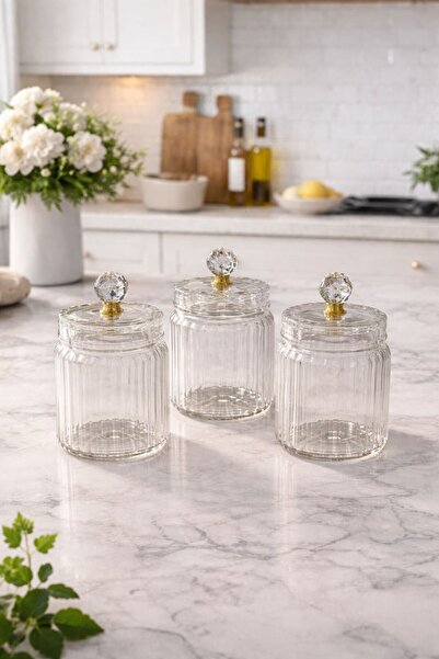 Qerhome Set of 3 Borosilicate Glass Optical Striped Crystal Jars with Gold Li...