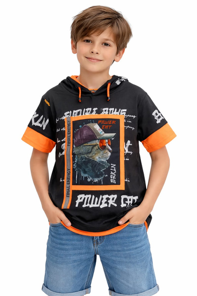 İrem Çocuk Giyim Boy's Power Written Cat Patterned Hooded Black Color Short S...