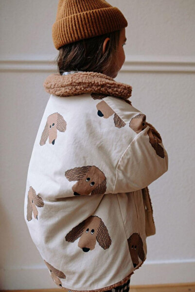 Magu Unisex Παιδικό Βαμβακερό Κρεμ Μπουφάν με Σχέδιο Σκύλου και Λούτρινο Γιακά