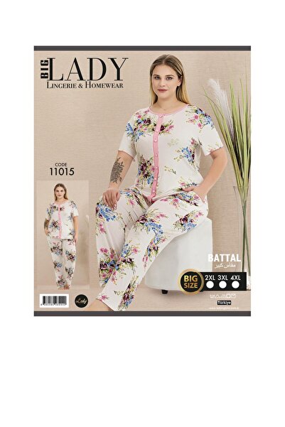 Lady Lingerie Yakasız Tam Boy Önden Düğmeli Büyük Beden Pijama Takımı