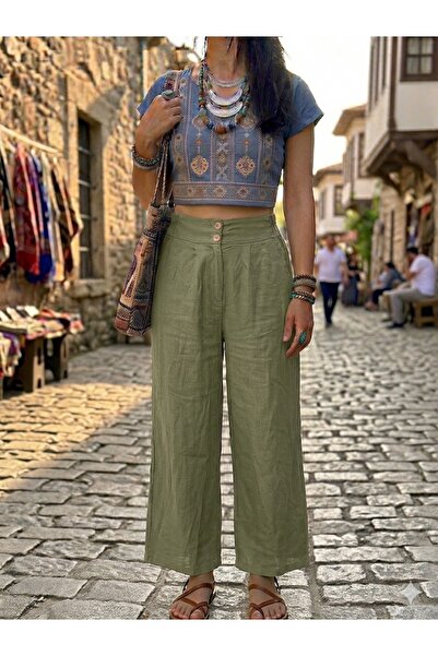 AYASOFYA OTANTIK Women's Italian Khaki 100% Linen Trousers with Elastic Waist...
