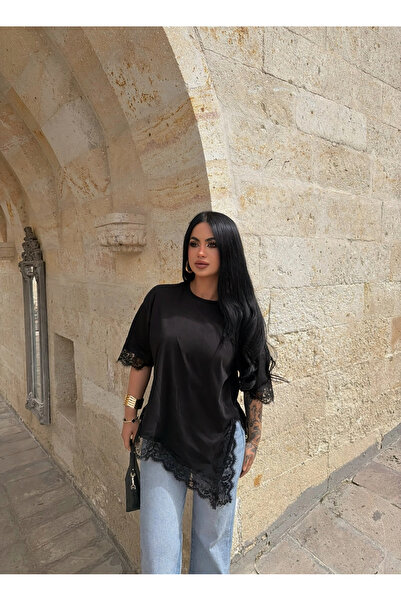kırmızı butiks Μαύρο ασύμμετρο μπλουζάκι με κεντημένη δαντέλα