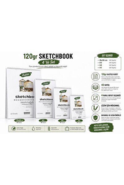 Artdesign Üstten Spiralli Sketch Pad 120 Gr. Resim Defteri 4'lü Set 40yp
