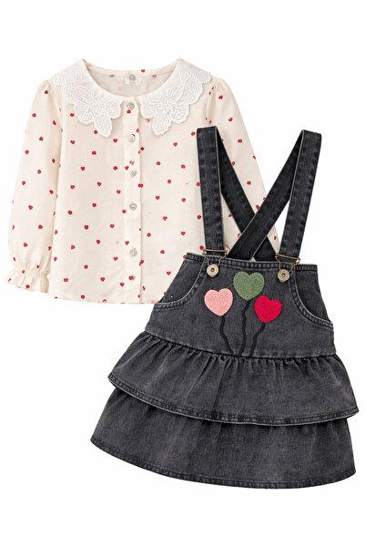 be&en kids Kız Çocuk Kalp Desenli Bluzlu Kot Salopet Etek Takım